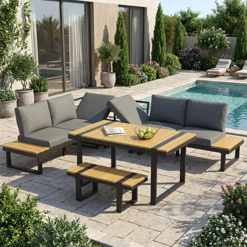 Set da giardino angolare - Zephmum- Grigio e nero, tavolo in legno composito, seduta regolabile