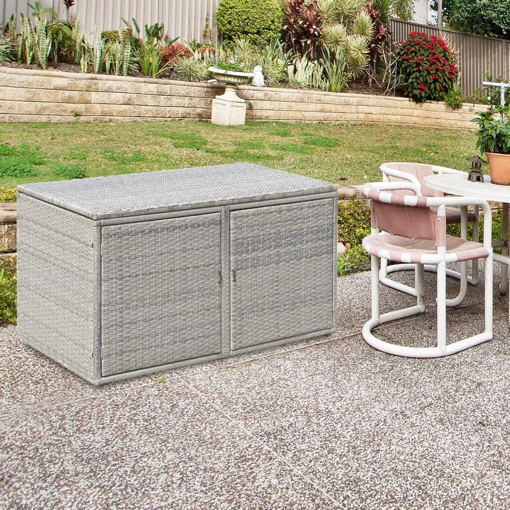 Cassapanca Per Esterni in Metallo e PE Rattan, Ideale Per Tenere in Ordine, 310 L,115 x 60 x 65/120 cm, 2 Colori (Grigio)
