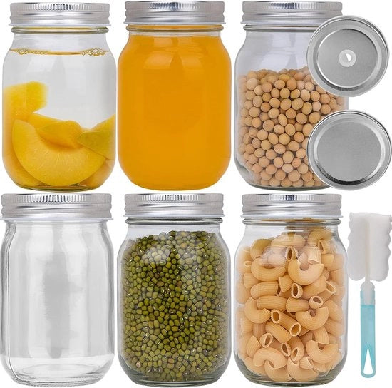 Set di 6 contenitori di vetro per conserva da 500 ml con coperchi chiusi a ermeticità, contenitori di scorta per miele, marmellata, fagioli, bicchieri di vetro per bibite e coperchio con foro di erogazione