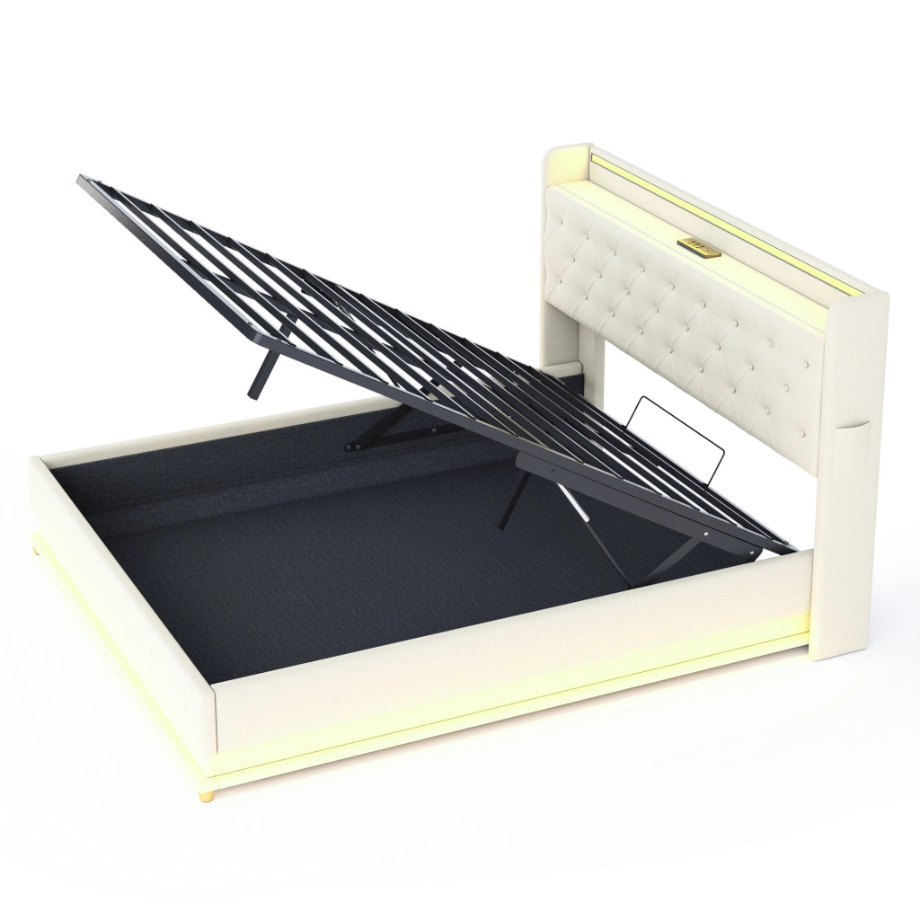 Letto matrimoniale imbottito LED 160x200 cm con porta USB e contenitore idraulico; beige