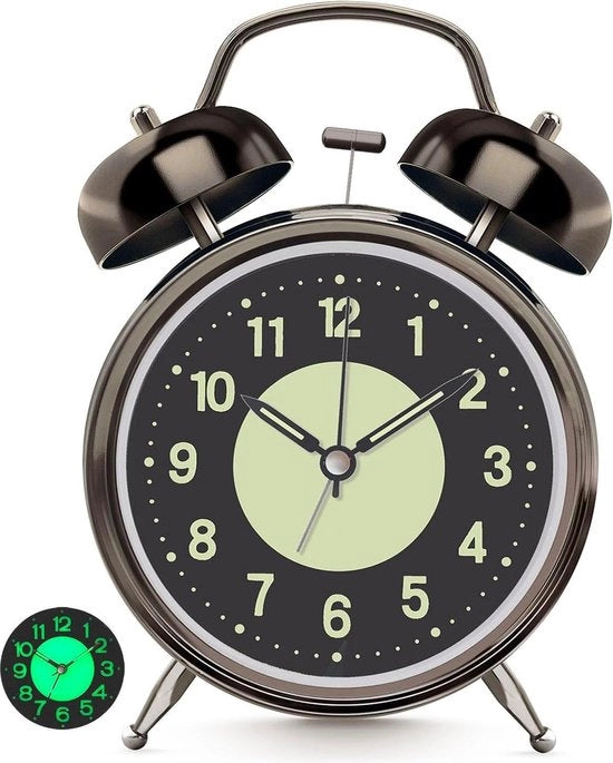 Alarme per sonno pesante - orologio da camera da letto - 4'' alimentato da batterie - orologio metallico con luce notturna - orologio analogico retro - studente con quadrante luminoso - silenzioso