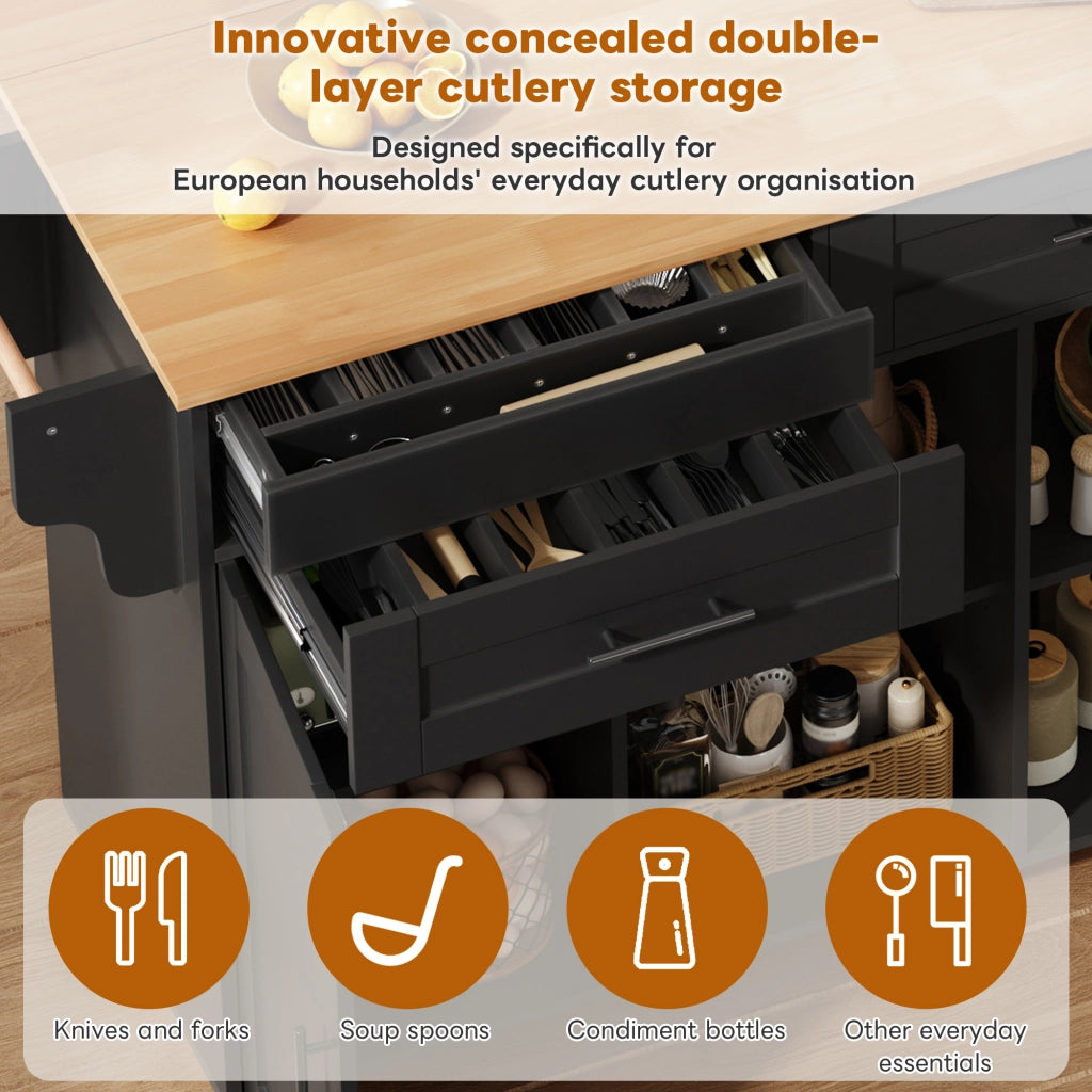 Isola Cucina Multifunzionale con Piano Pieghevole ¨C MINIMAL ¨C 145x45x94,5 cm, Ripiani, Rotelle