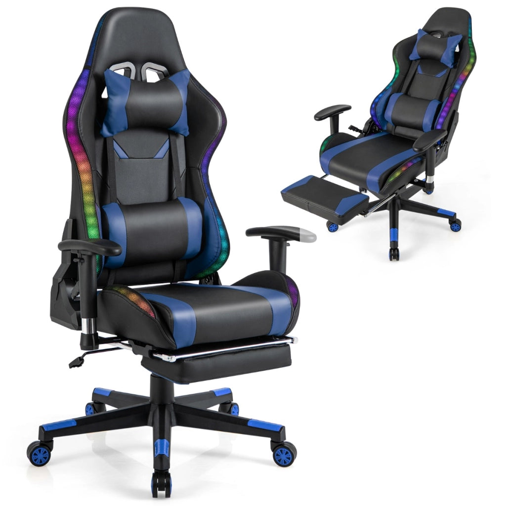 Sedia da gioco con luci RGB LED altezza regolabile poggiapiedi estraibile, Sedia da ufficio ergonomica Blu-Sedie gaming