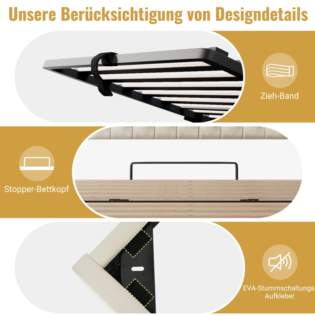 Letto imbottito 90x200 cm con contenitore idraulico, LED e rete a doghe beige e noce