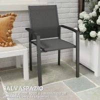 Set 2 Sedie da Giardino Impilabili con Seduta Traspirante, in Alluminio e Textilene, 56x58x89 cm, Grigio Carbone