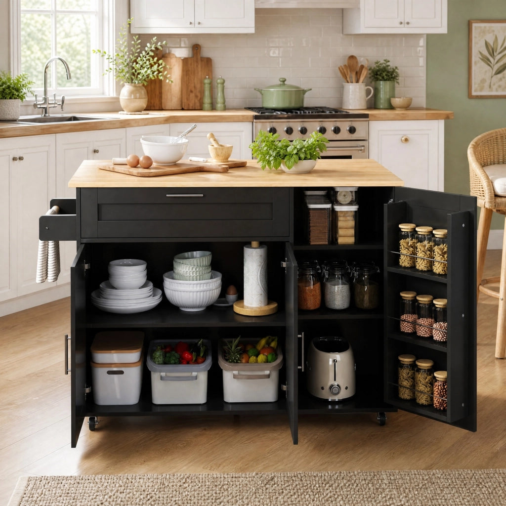 CARRELLO DA CUCINA PIEGHEVOLE 132,5x44(70)x90 cm MDF Nero/Naturale