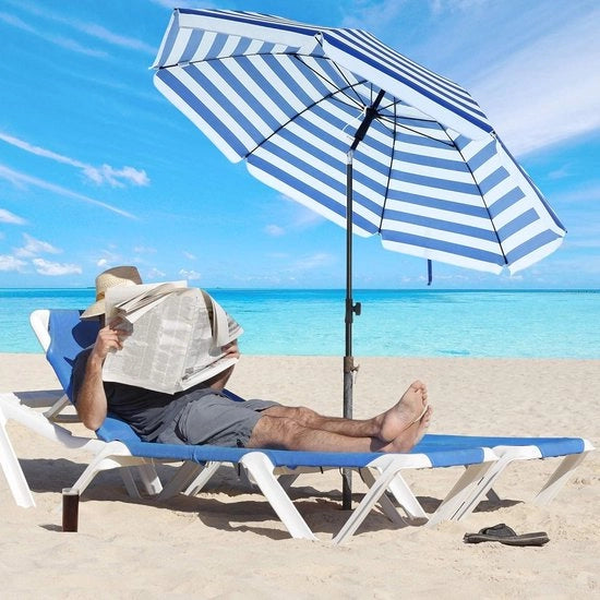 Parasole per spiaggia Ø 200 cm con protezione UV fino a UPF 50+, inclinabile e portatile, a strisce blu e bianche con rattan in fibra di vetro