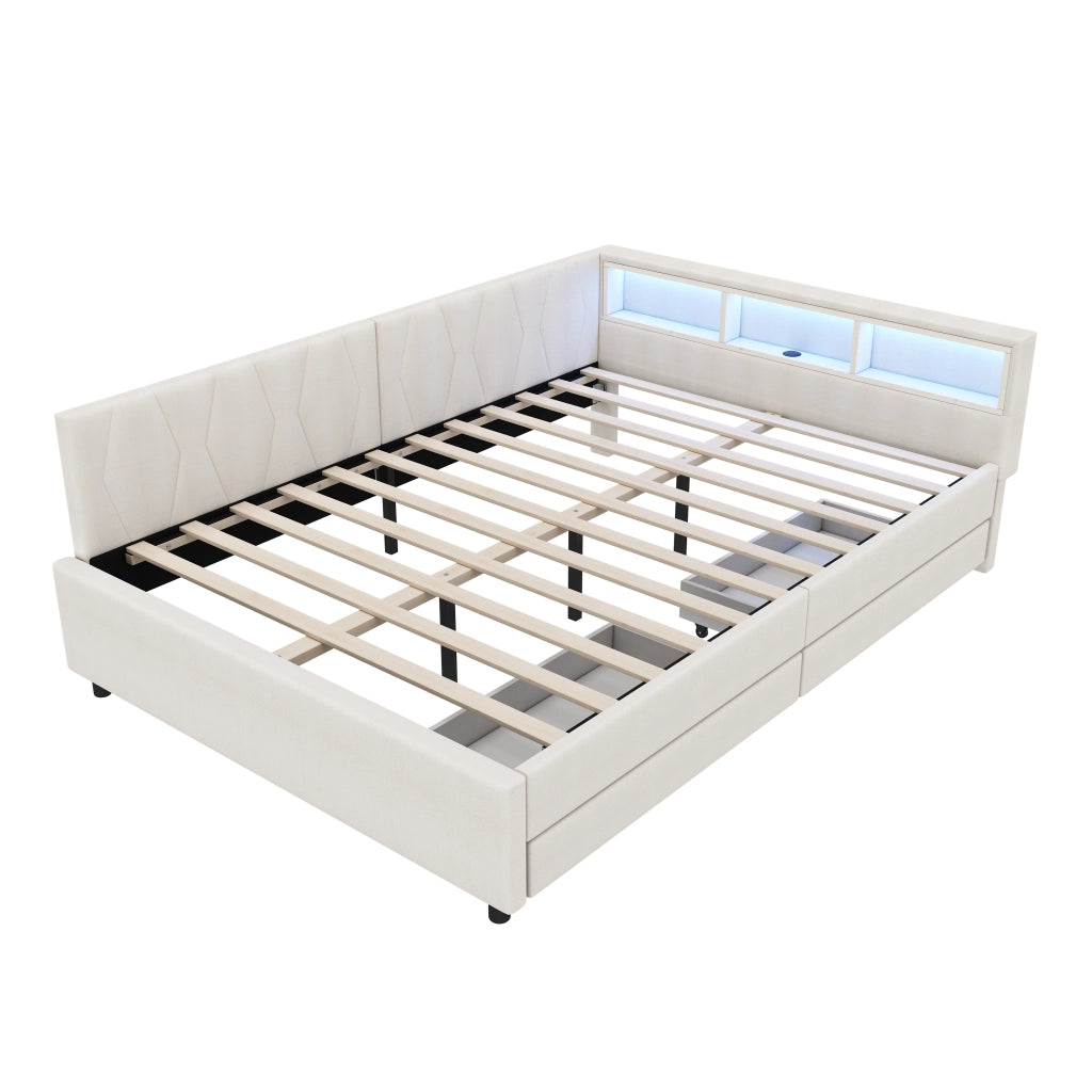 Divano letto con 2 cassetti; porte USB e Tipo-C; LED ambientali e doghe; lino beige; 140x200 cm; senza materasso