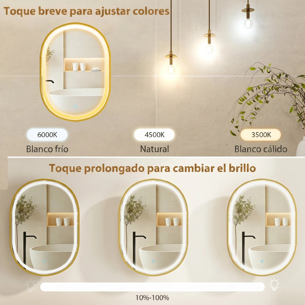 Specchio da Bagno con LED e Funzione Antiappannamento ¨C Xylo ¨C Ovale Dorato 3 Colori