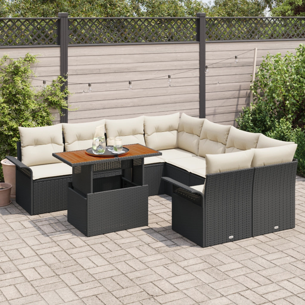 Set di Divani da Giardino 9 Pezzi con Cuscini in Rattan Nero