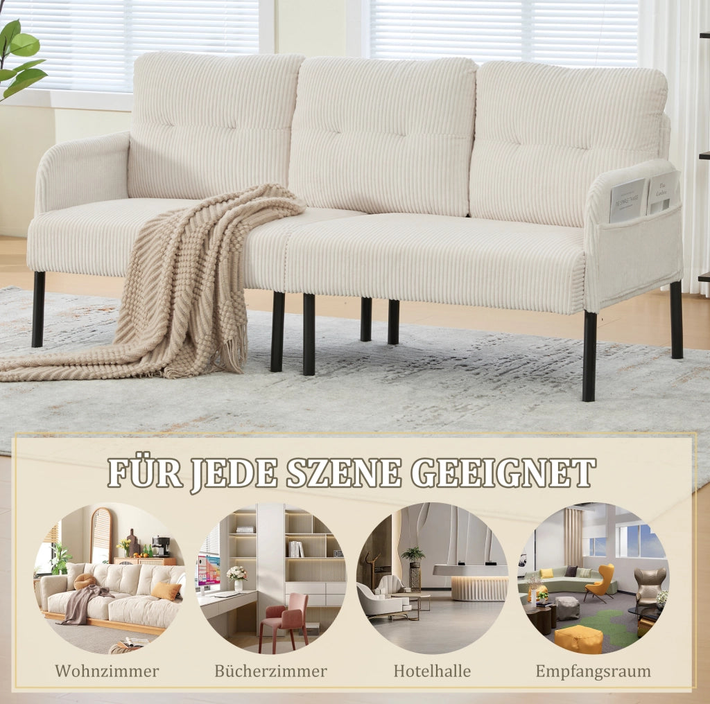 Divano 3 posti in velluto a coste con tasca laterale; 171x72x80 cm; beige
