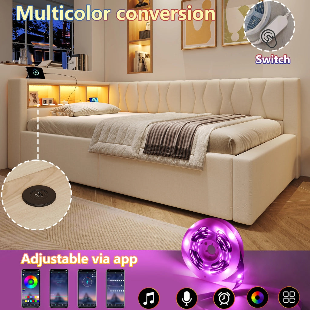 Letto contenitore 140x200 cm con sollevamento idraulico; LED dimmerabile; testiera con ripiano e USB; beige