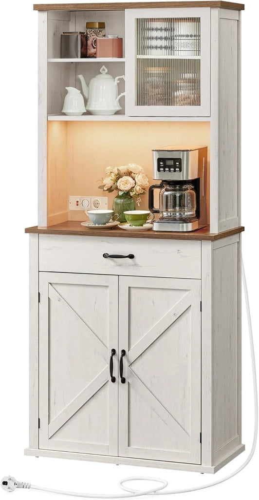VASAGLE Credenza Cucina con Luce e Multipresa, Mobile Dispensa Cucina con Ante e Cassetto, 39,5 x 80,4 x 180,6 cm, con Ripiani Regolabili, Stile Farmhouse, Bianco Nuvola BBK363W21