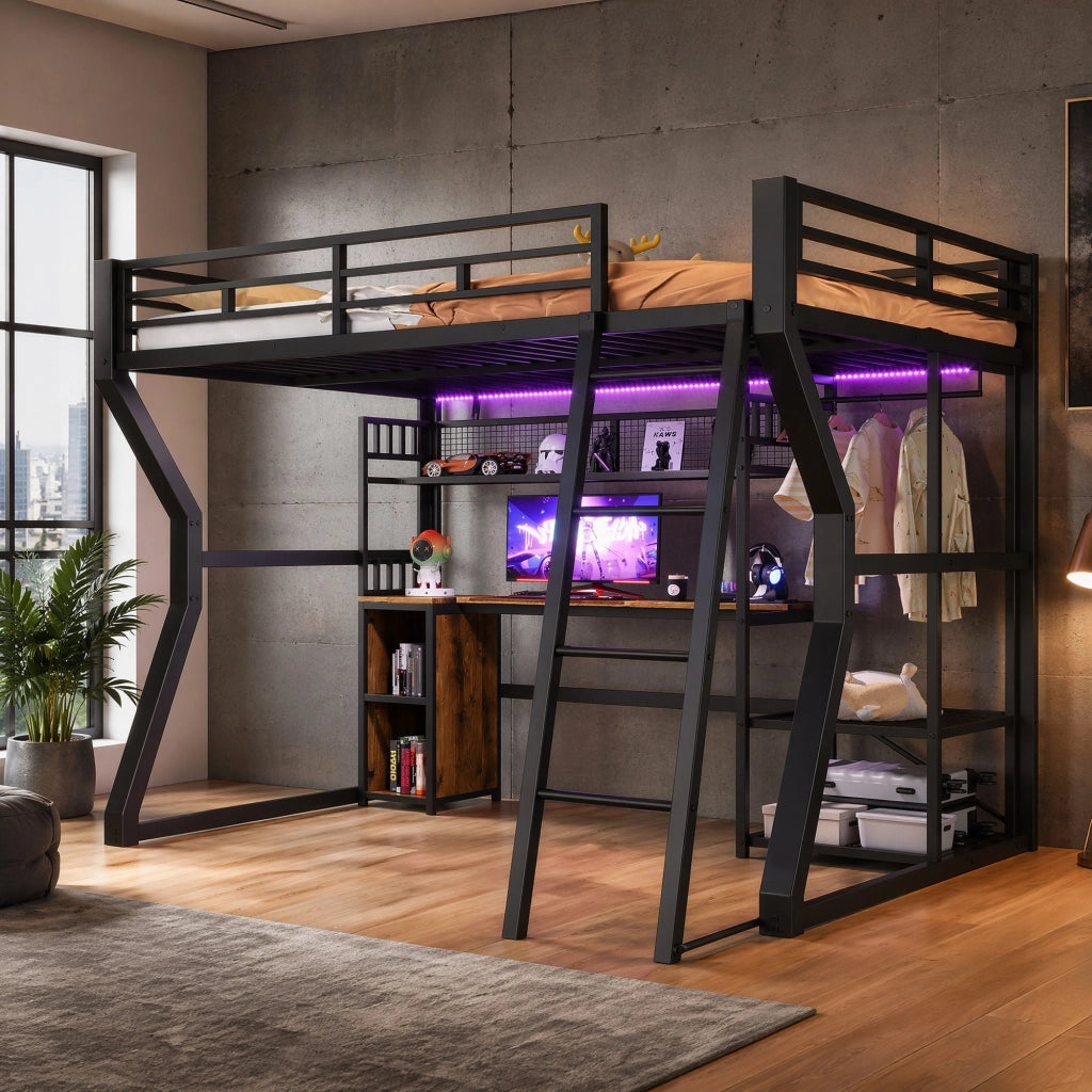 Letto a soppalco 140x200 cm in metallo e MDF con scrivania; luce LED e presa; nero