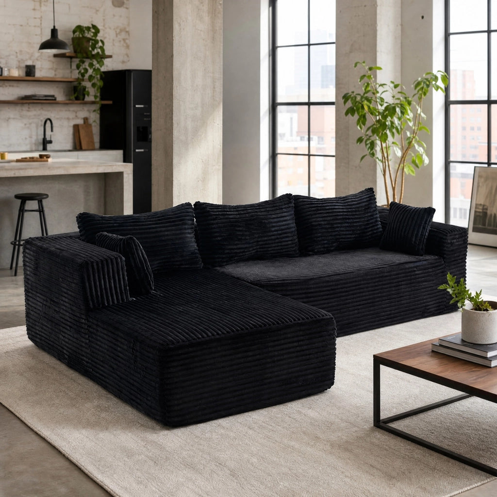 Divano modulare angolare a L con chaise longue in velluto a coste nero
