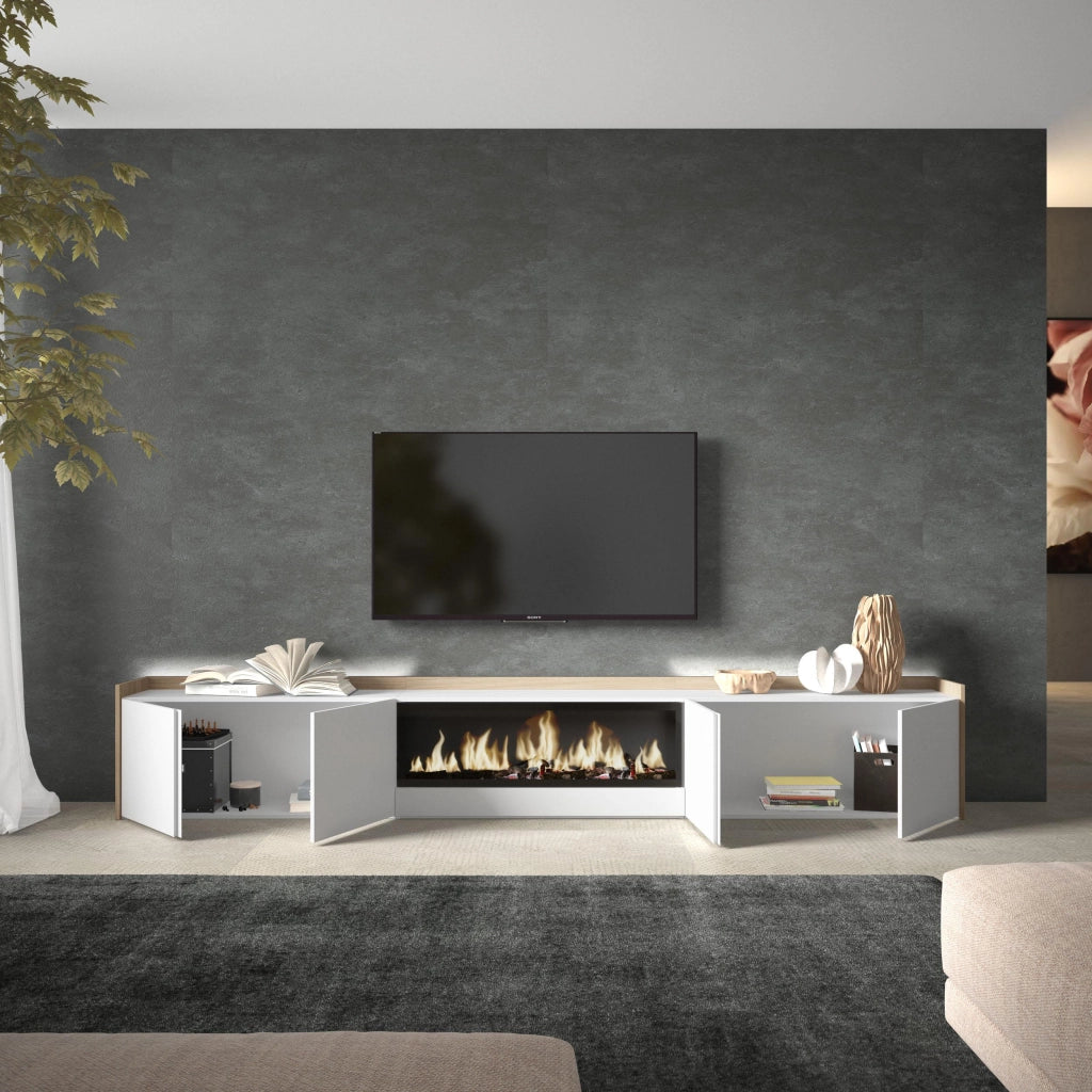 Mobile TV Soggiorno, 315x50x35 cm, Per TV fino a 80", Camino elettrico XXL, LED, Bianco e Rovere soft