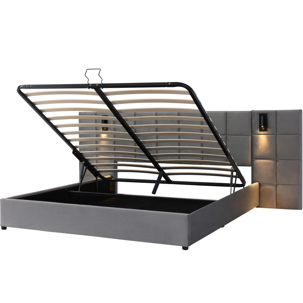 Letti contenitori 180x200 cm; contenitore con luce da lettura USB; acciaio grigio (Senza materasso)