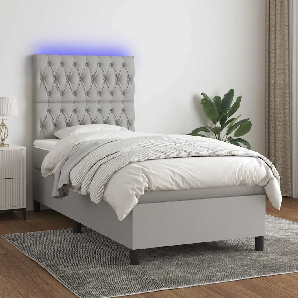 Letto a Molle Materasso e LED Grigio Chiaro 100x200 cm Tessuto
