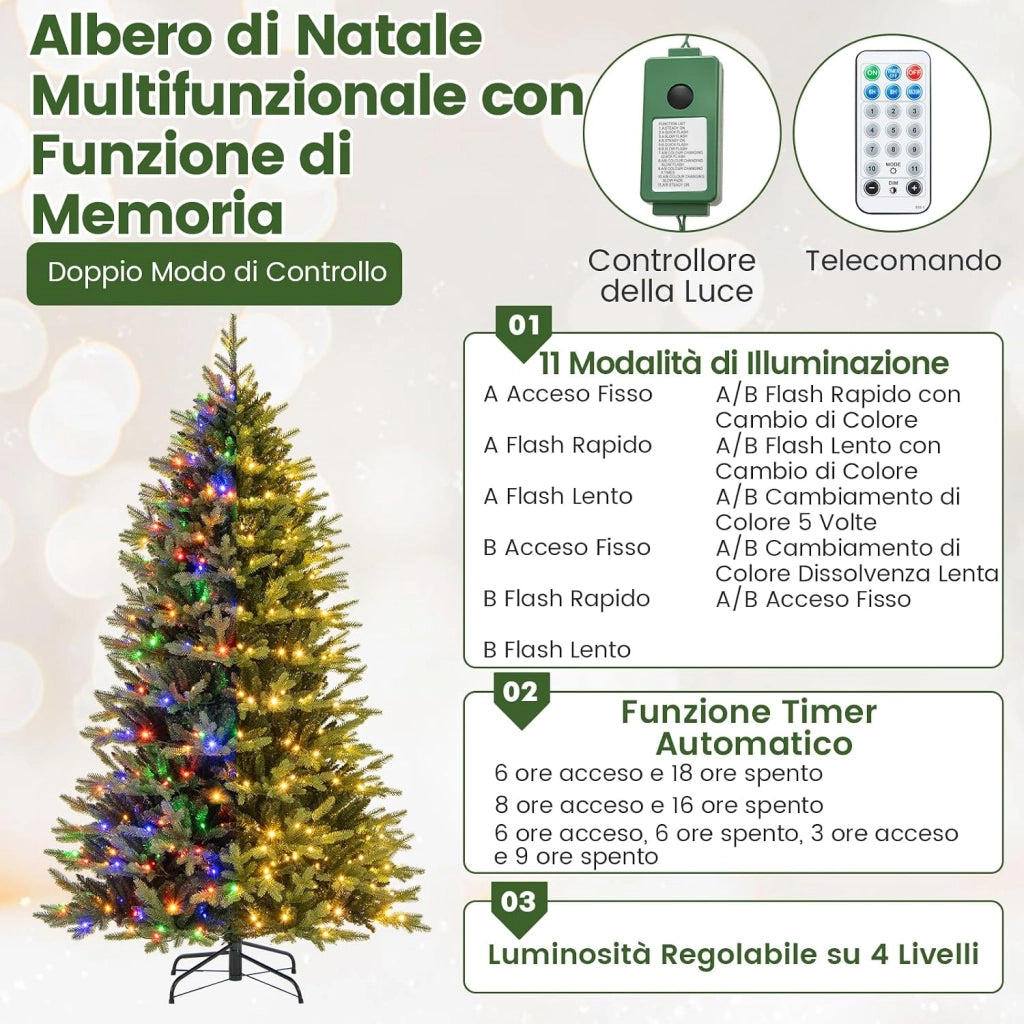 Albero di Natale 210 cm, Albero di Natale Pre-illuminato on Cerniera con 470 Luci a LED Multicolori e Bianco Caldo, 11 Modalità di Illuminazione, 1646 Rami (210 CM)