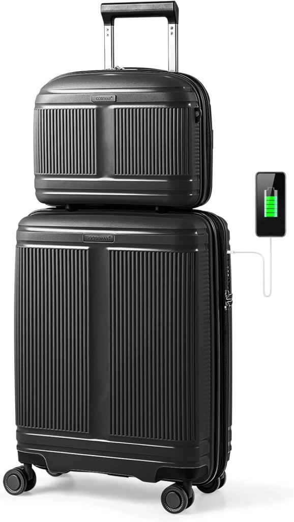 Valigia Bagaglio a Mano 20" con Tasca Frontale, Porta USB, Trolley Bagaglio a Mano con Serratura, Ruote Girevoli, Manico Regolabile (Senza Beauty + Nero)
