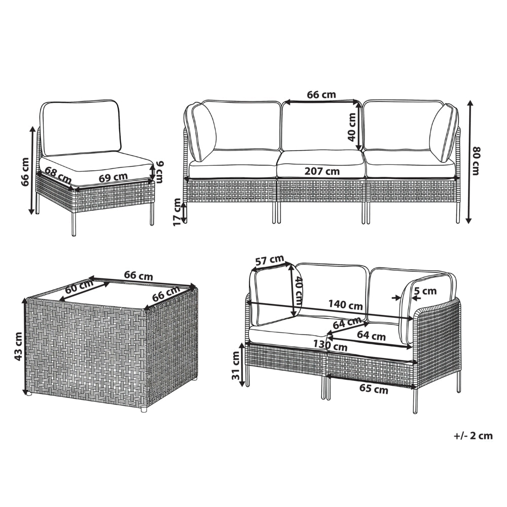 Set da giardino modulare in rattan PE beige chiaro a 6 posti con tavolino in vetro, struttura in metallo e cuscini, stile moderno