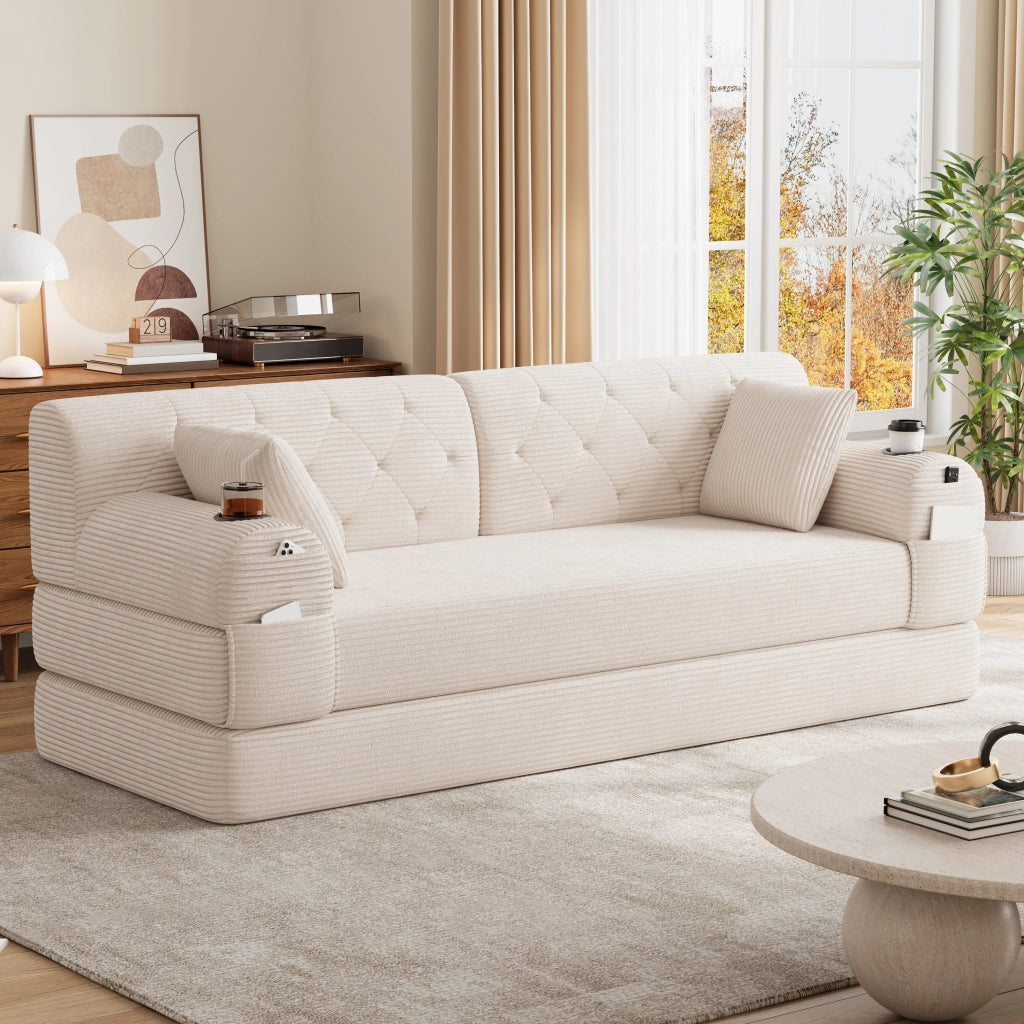 Divano letto a 3 posti in velluto a coste con schienale alto, 4 tasche e 2 portabicchieri, senza montaggio, beige
