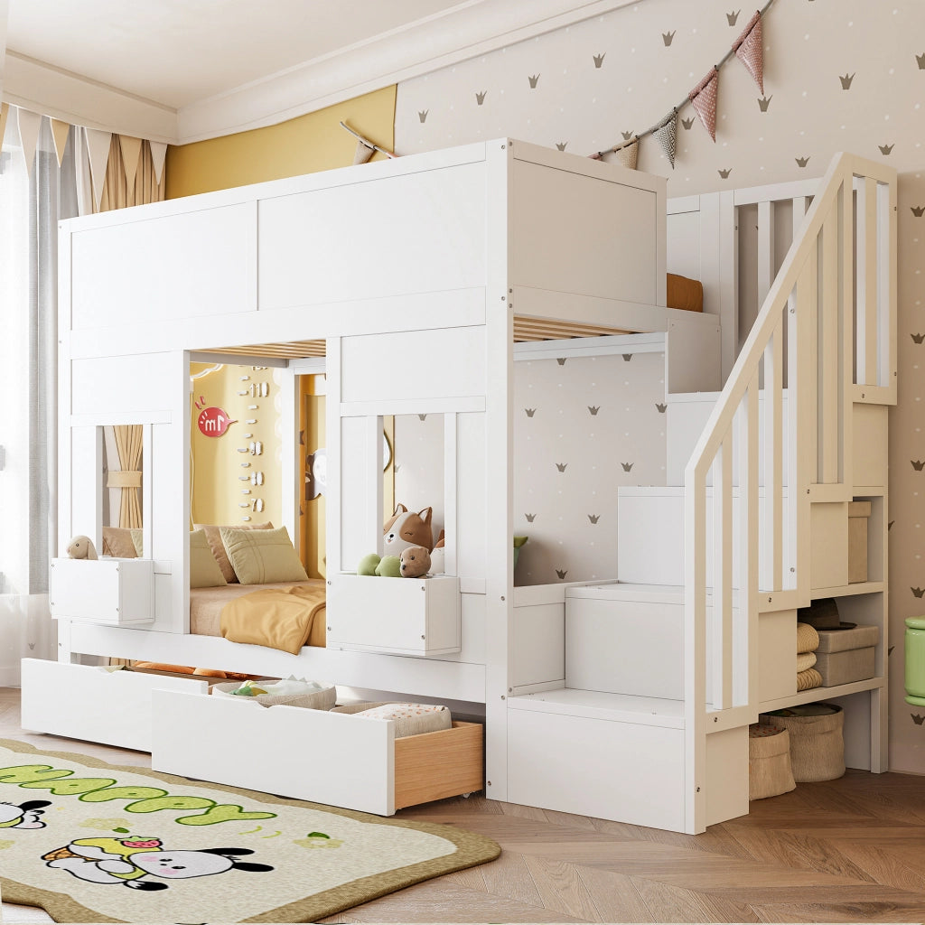 Letto a castello per bambini 90x200 con scale e cassetti; letto a soppalco con finestre; legno; corrimano di sicurezza; risparmio spazio per i bambini