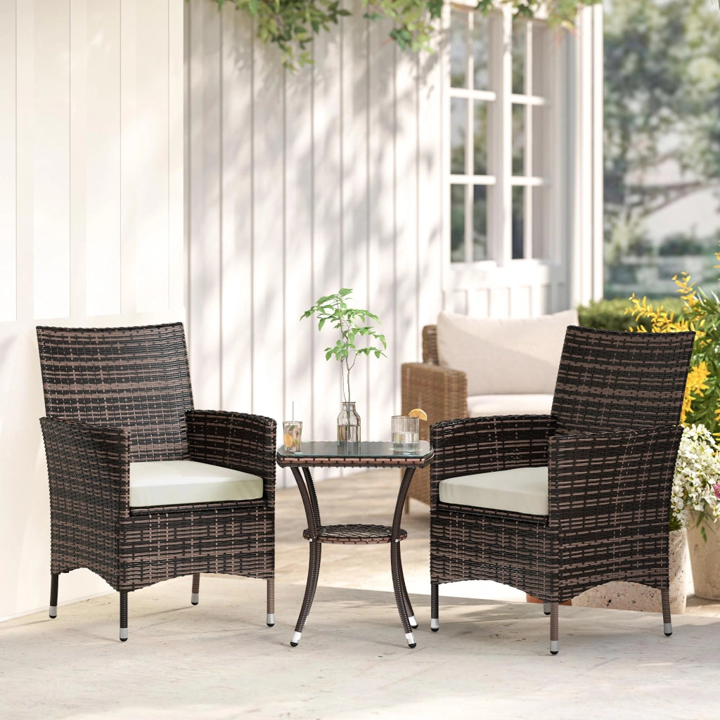 Set Mobili da Giardino Rattan Set Arredamento Giardino 3pz Tavolo con 2 Sedie con Cuscini Marrone