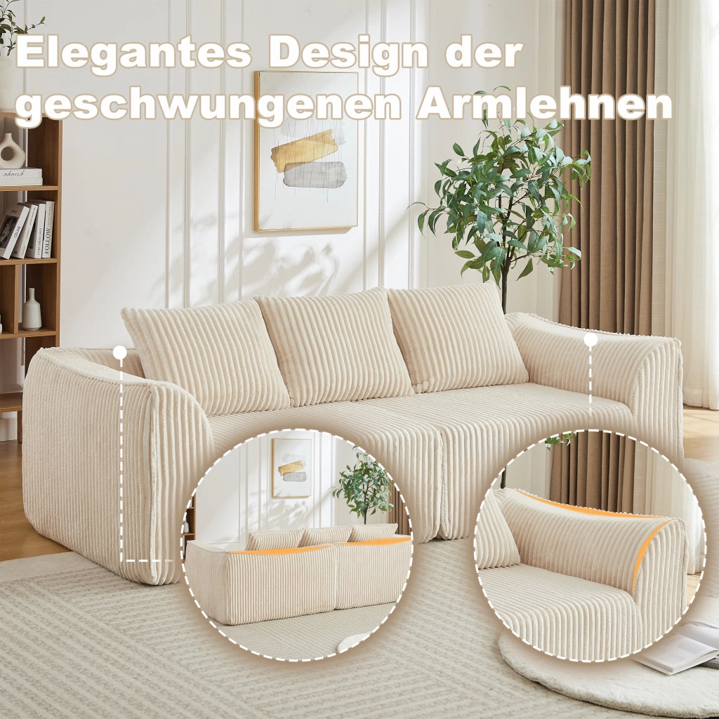 Divano modulare in ciniglia con braccioli e schienale curvi, seduta ampia e imbottitura in schiuma beige