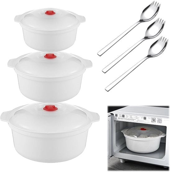 Set di contenitori magnetron in plastica con coperchio 0,9L/1,6L/2,4L Con coperchio Set di contenitori magnetron resistenti al vapore con valvola di regolazione del vapore Forchette
