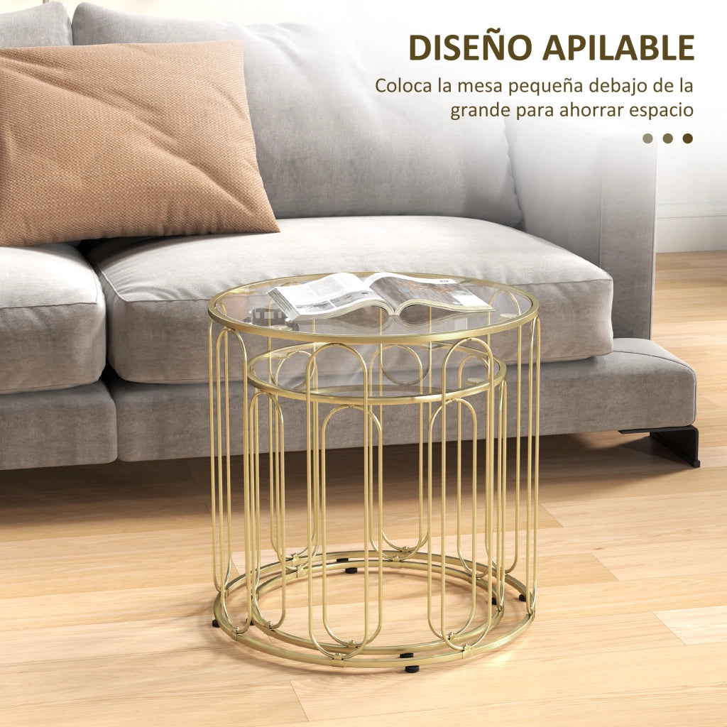 Set 2 Tavolini da Caff¨¨ Impilabili ¨C Xylo ¨C Vetro Temperato Struttura Metallo Dorato ?50x50 ?40x40