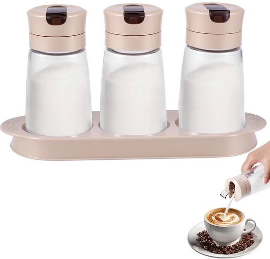 Dispensatore di zucchero 3 pezzi in vetro, contenitore da 250 ml con coperchio a scatto automatico, dispensatore di zucchero con rubinetto di chiusura in gomma, adatto per il contenimento di zucchero, sale e olio (grigio)