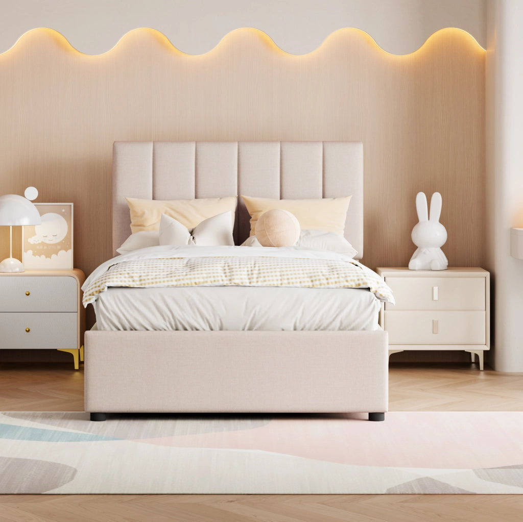 Letto imbottito per bambini 90x200 cm con contenitore idraulico beige