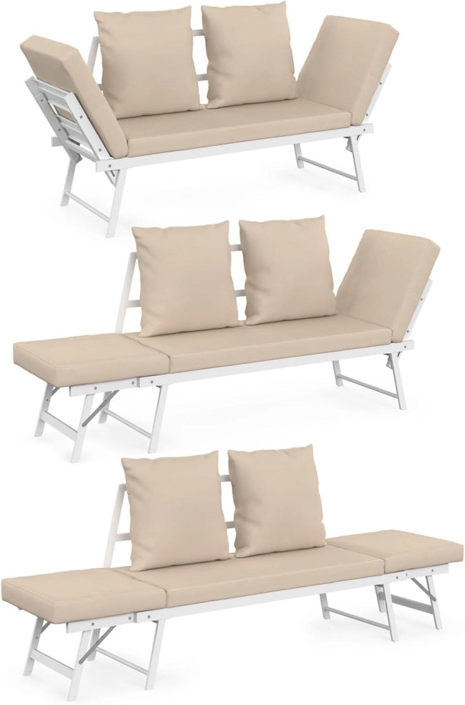 Divano da Giardino, Panca trasformabile NOLA 2/3 posti con braccioli reclinabili in Metallo Bianco e Cuscini Beige