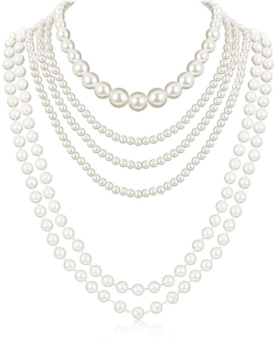 Set di Collana a Perle di 6 Pezzi - Collana a Perle Lunga - Perle Artificiale - Catenina a Scomparti - Stile Elegante Vintage - Ideale per Matrimonio/Festa - Accessori di Abbigliamento