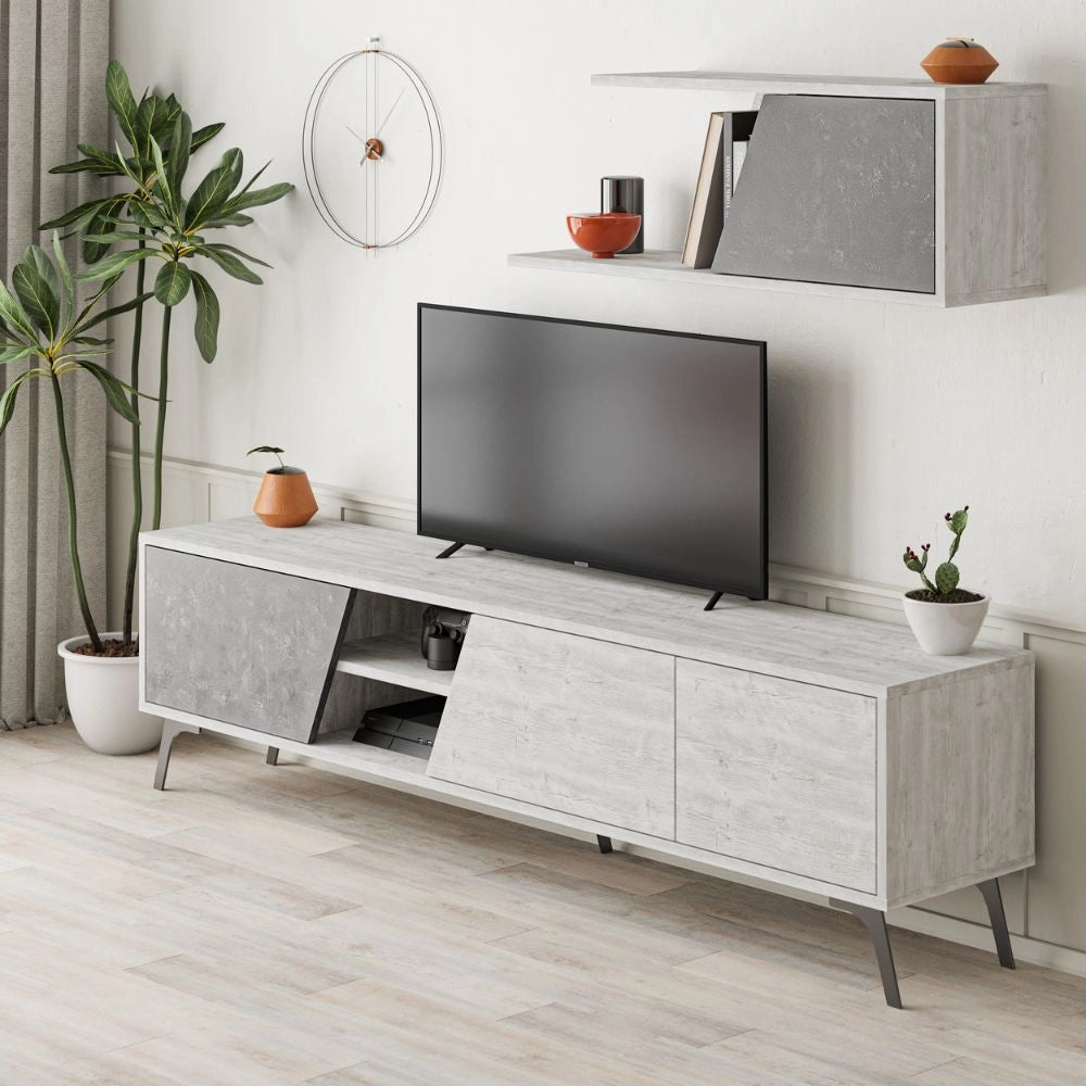 (3c) Porta TV Fiona Bianco Vintage con Anta Retro Grey e Mensola H 48 x P 35,60 x L 180 cm