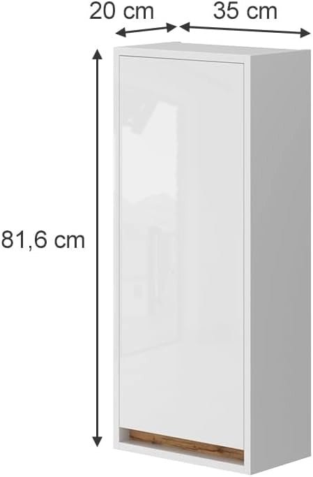 Mobile bagno Detmold, Bianco lucido/oro power oak, 81.6 x 35 cm con porta, adatto per montaggio a parete e combinabile con la serie Detmold