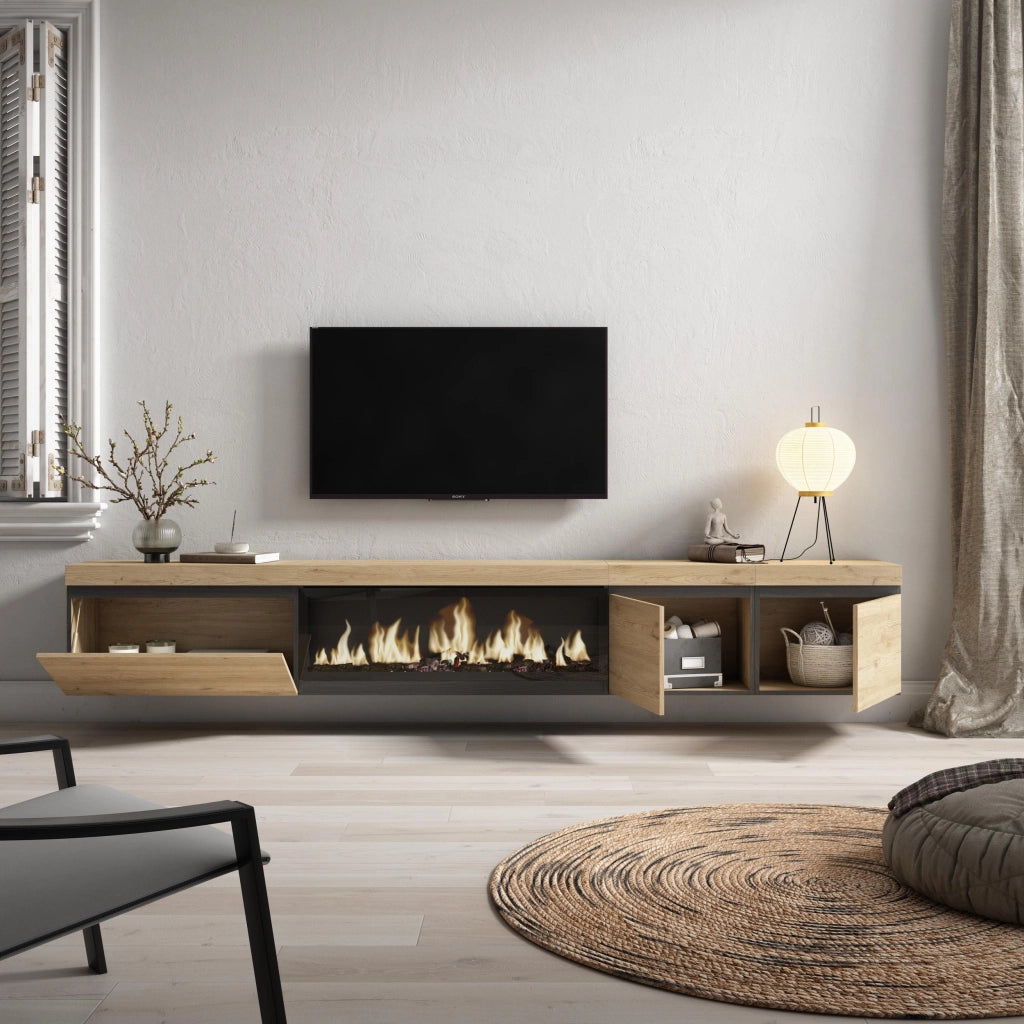 Mobile TV Soggiorno, 288x35x45cm, TV di grande formato, Camino elettrico XXL, da appendere, colore Rovere RF3621