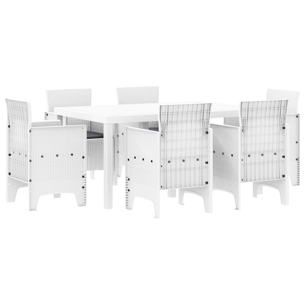 Set da Pranzo da Giardino da 7 Pezzi con Cuscini Bianco Polyrattan