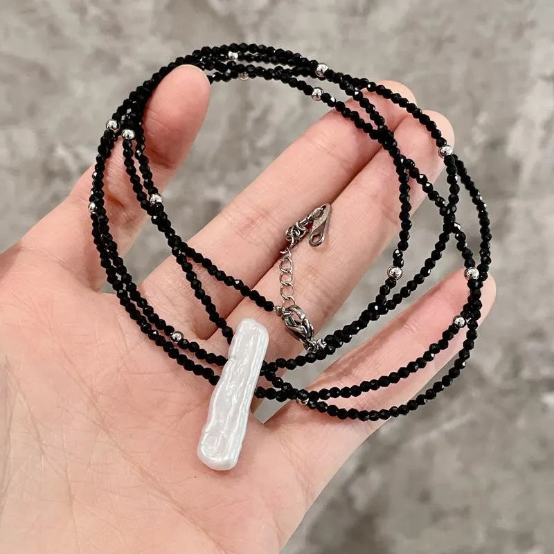 Collana lunga vintage con perle e cristalli neri per clavicola, regalo di Natale o compleanno.