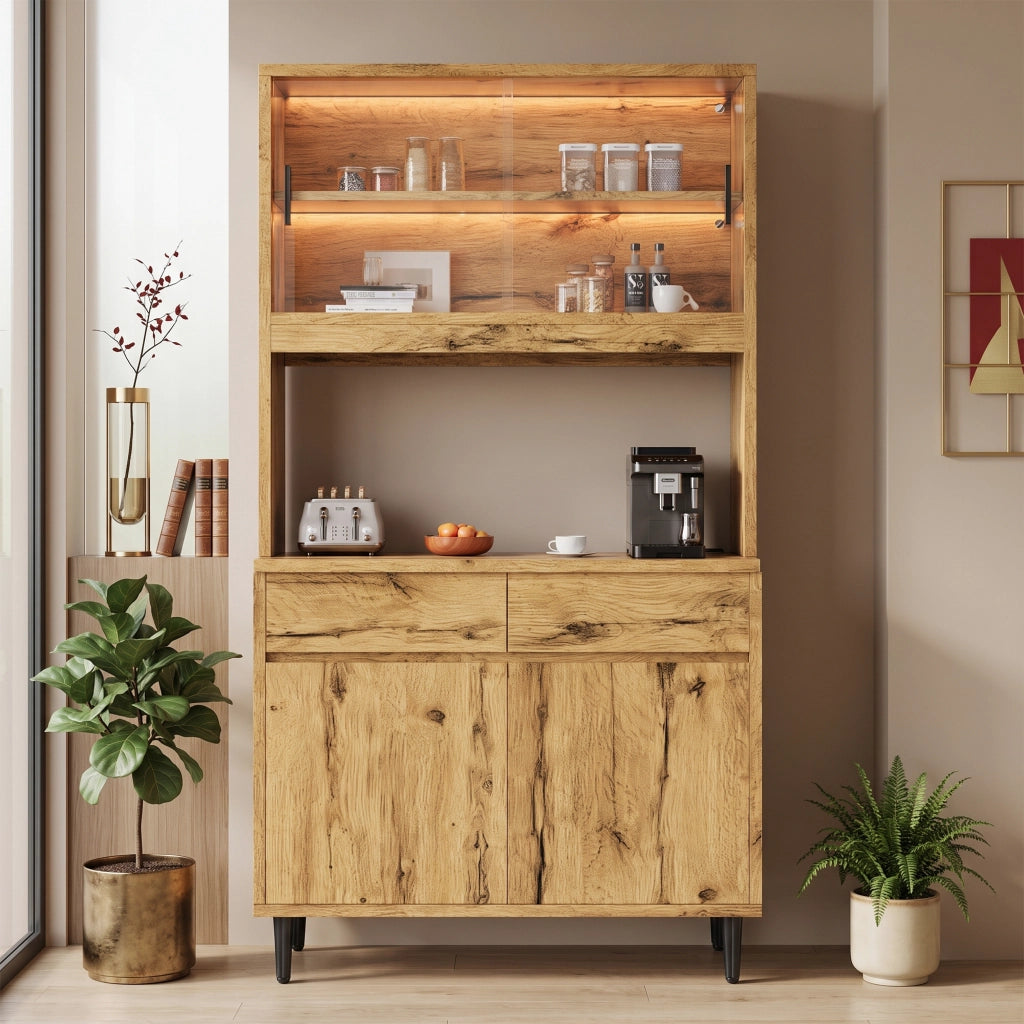 Credenza con ante in vetro; LED e prese - per soggiorno - 100x40x185 cm - rovere