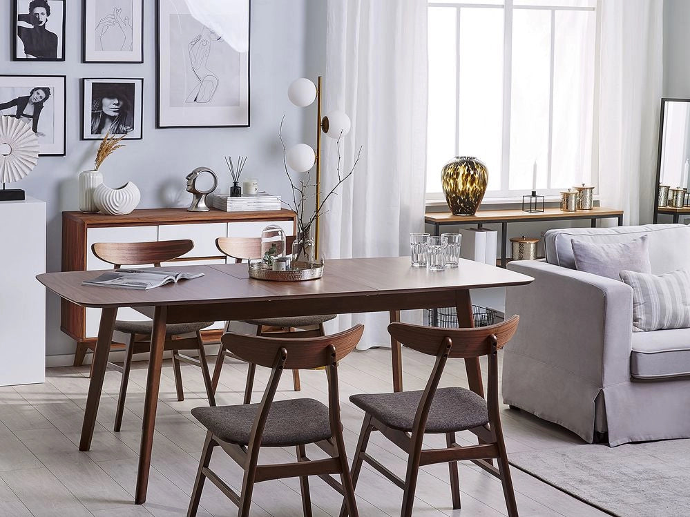 Tavolo da pranzo in noce scuro 150/190 x 90 cm, allungabile con gambe in legno, minimalista e scandinavo