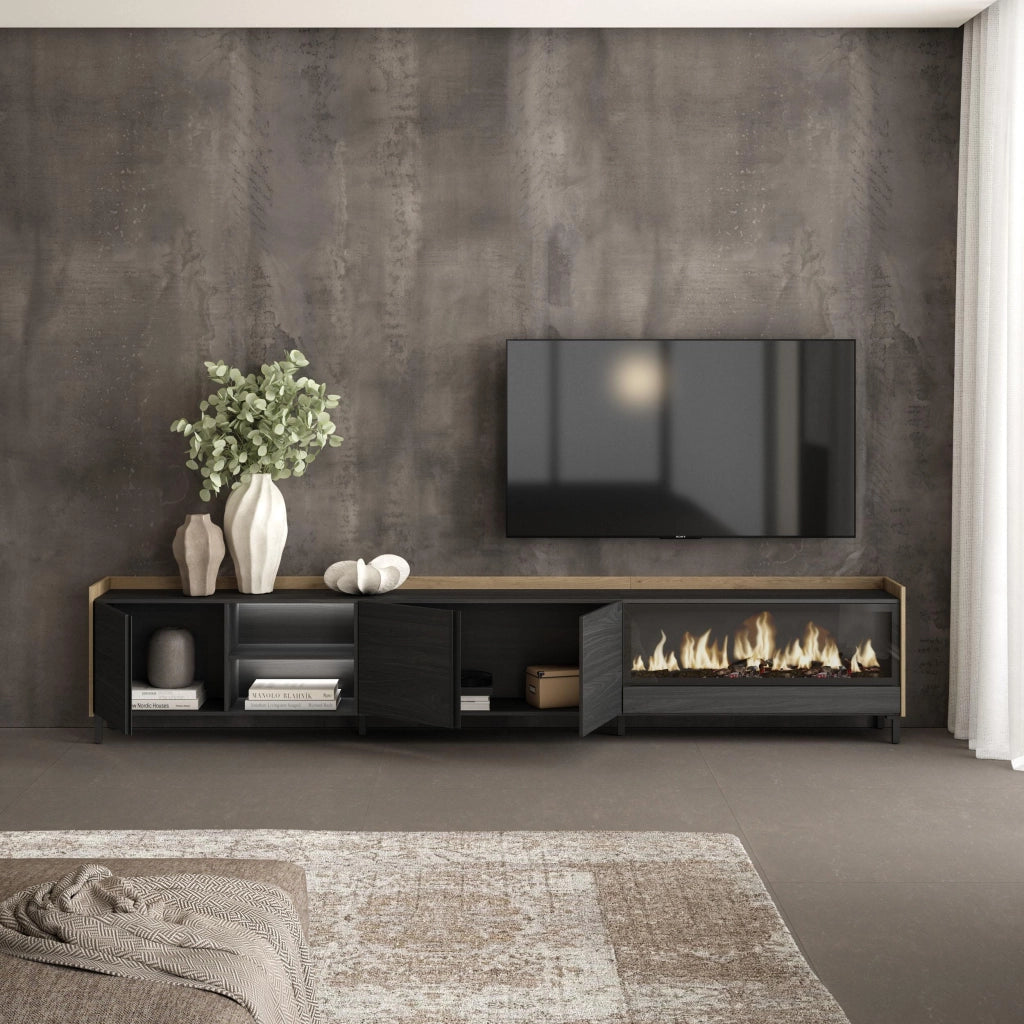 Mobile TV Soggiorno, 315x61x35 cm, Per TV fino a 80", Camino elettrico XXL, Design industriale, LED, Nero e rovere