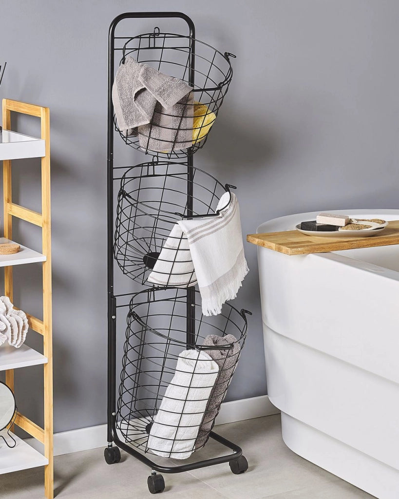Supporto per cestello a 3 livelli in metallo Nero con maniglie per rotelle Cucina rimovibile Accessorio per riporre il bagno per asciugamani