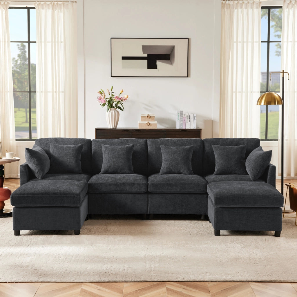 DIVANO MODULARE convertibile in U o L 278x161x81 cm Chenille grigio con 2 pouf e 6 cuscini