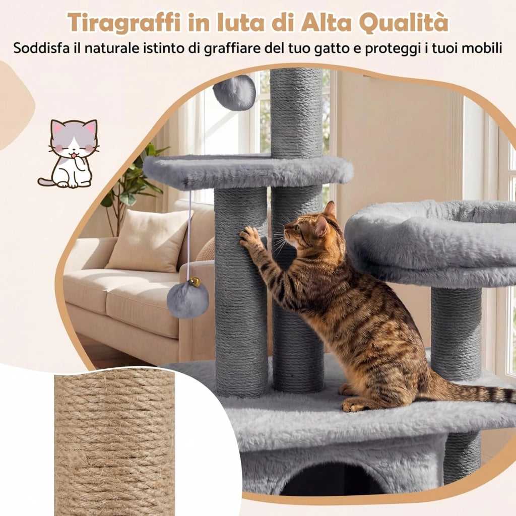 Albero per Gatti, Alberi Tiragraffi Alta 96 cm con Poggiolo Imbottito a Forma di Fiore, Condo Accogliente & Letto per Gatti, 2 Palline con Campanelli Appese & Posti per Graffiare (Grigio)