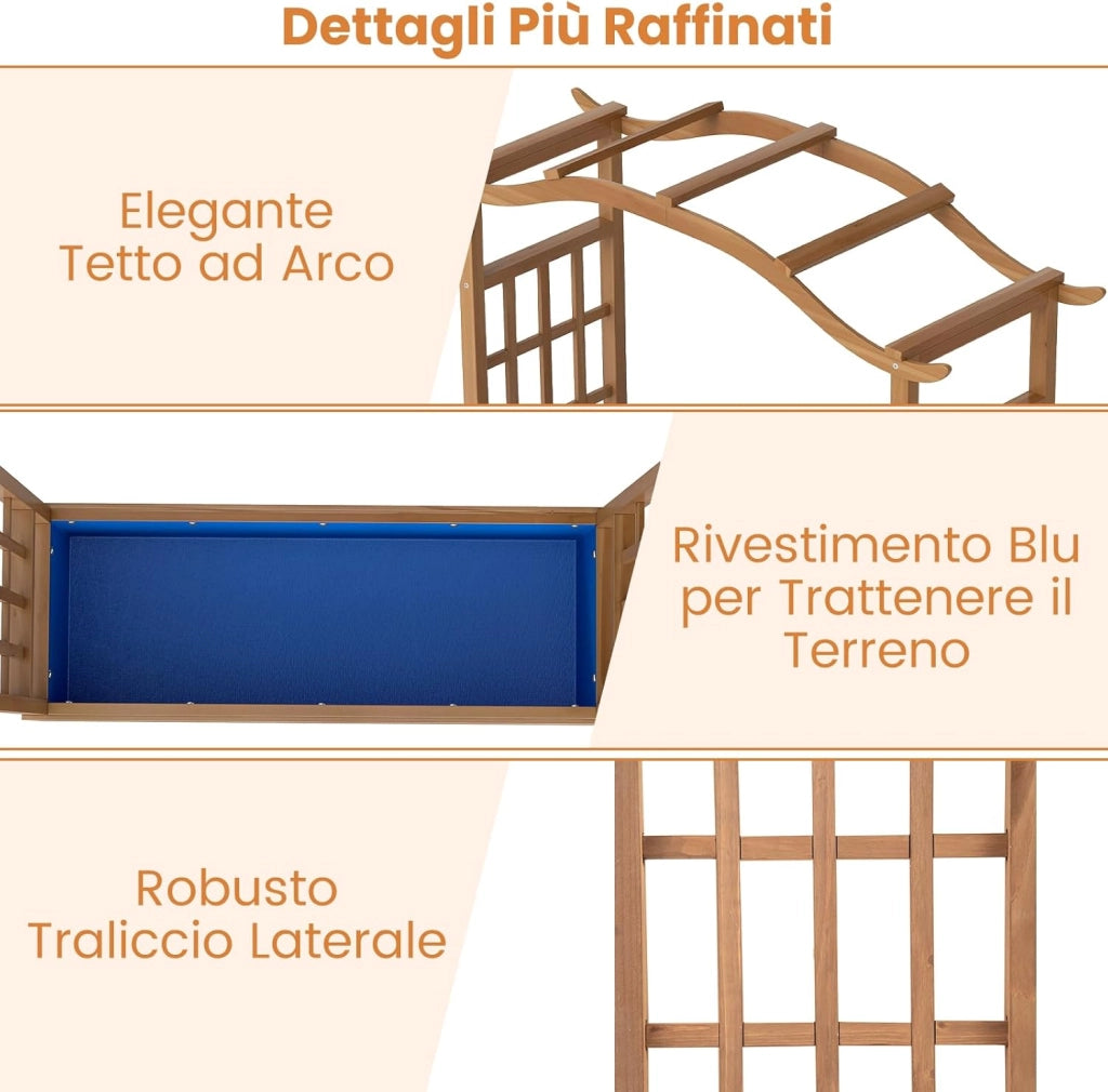 Letto da Giardino Rialzato, Fioriera in Legno con Tetto Sospeso, 2 Tralicci Laterali, Contenitore Inferiore, per Fiori, Verdure e Piante Rampicanti, Aiuola Elevata per Giardino e Terrazzo