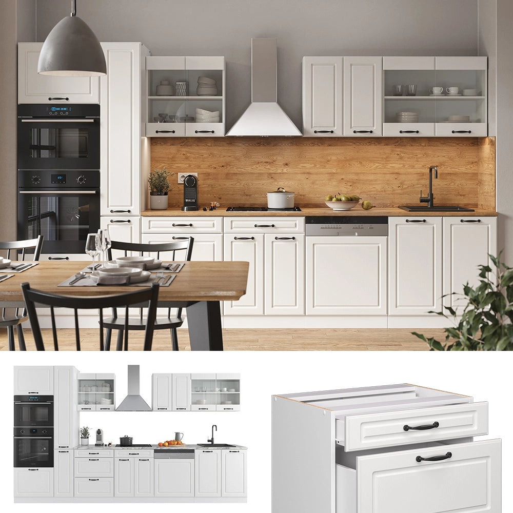 Mobile da cucina R-Line Bianco rustico/Bianco 350 cm con armadio alto, PL Antracite Vicco