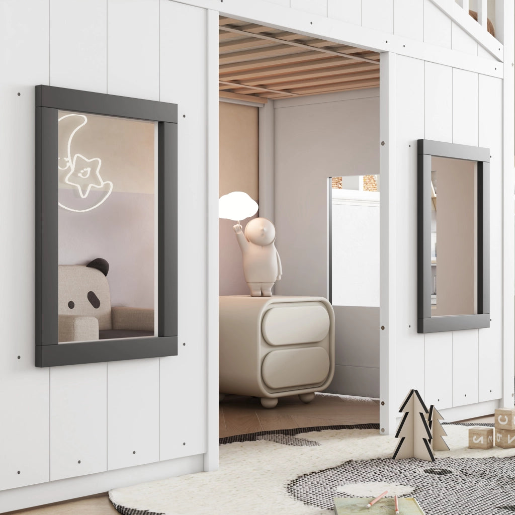 OKWISH Letto a castello 90×200 cm, Letto Singolo con Scala, Sponde di Sicurezza e Mensola, senza Materasso, Legno e MDF, Bianco