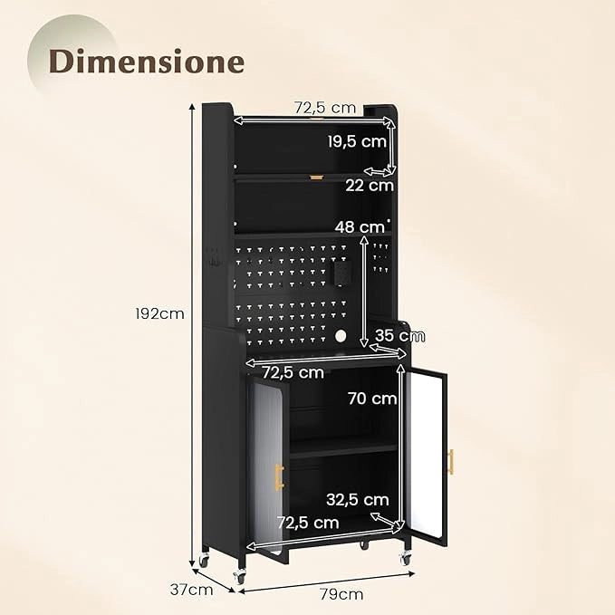 Credenza da Cucina, Armadietto Salvaspazio in Metallo con Ampio Piano di Lavoro, Ripiano Regolabile, Pannello Forato e Ruote, per Sala da Pranzo e Soggiorno, 79 x 37 x 192 cm